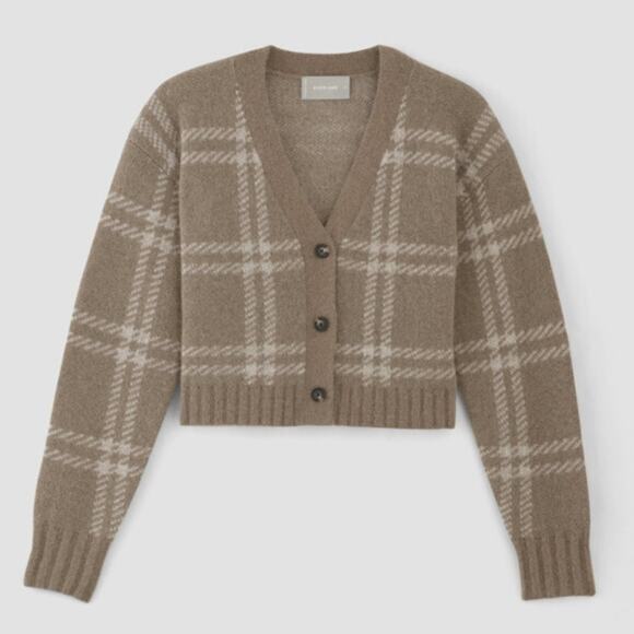 Everlane Size XS Beige Plaid V-Neck Alpaca Wool Blend Cropped Cardigan Sweater - Picture 1 of 12